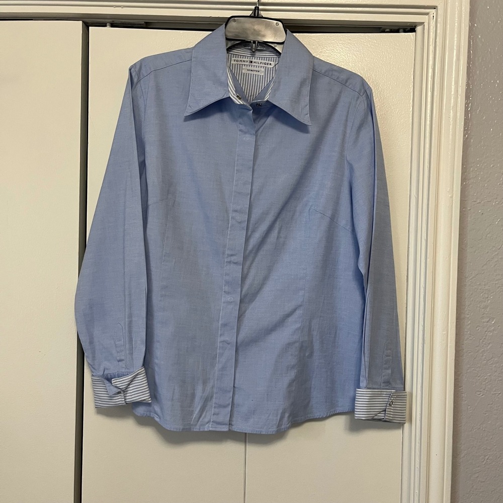 Tommy Hilfiger Stretch Button Down Shirt Blue Striped Cuffs Size 16